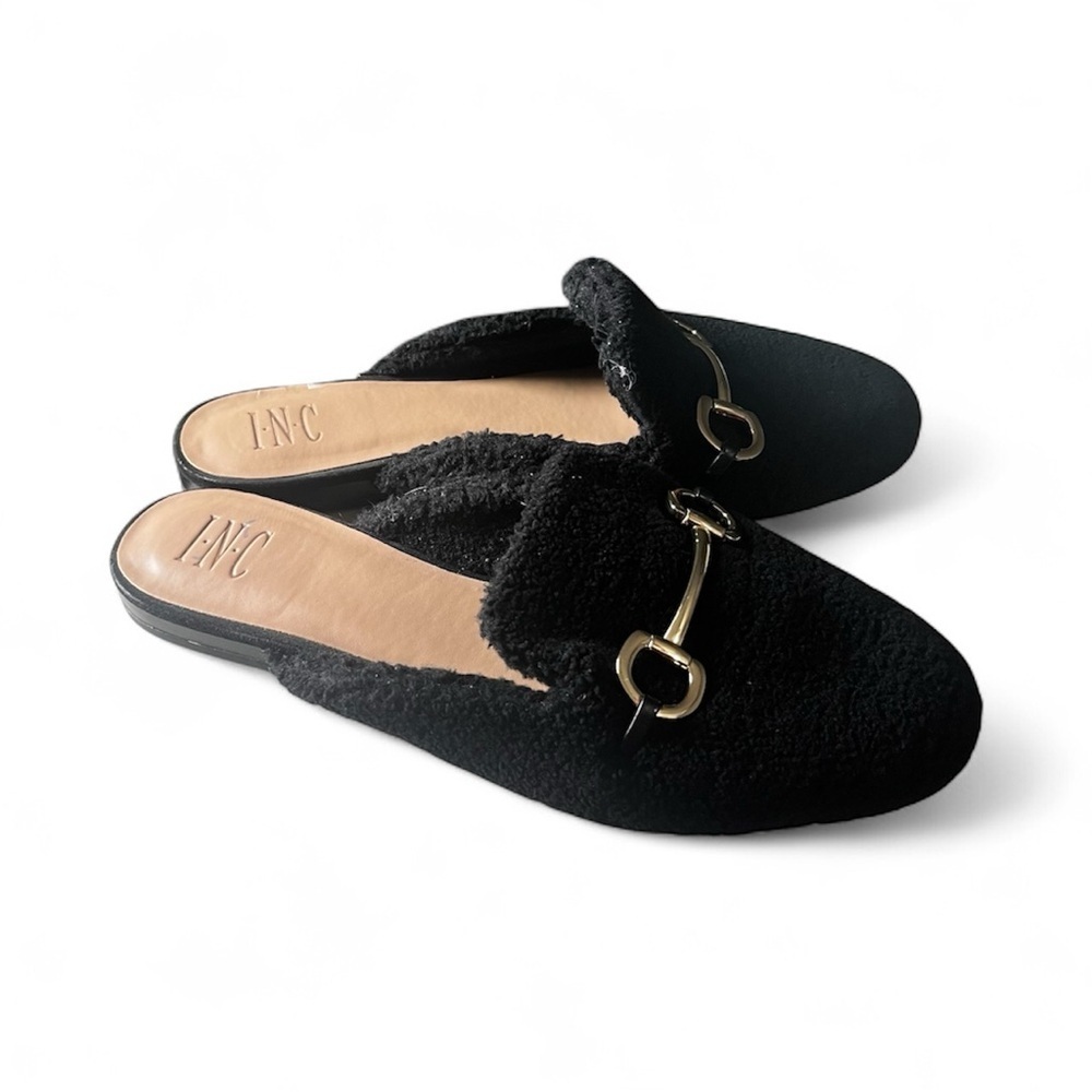 INC International Concepts Black Textured Mules with Gold Accent